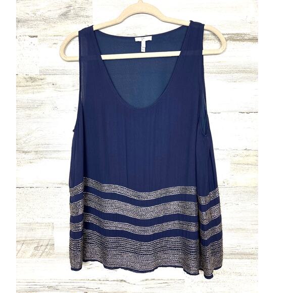 Joie Women’s L Navy Blue Silver Gold Hand Beaded Silk Tank Top Blouse Boho - Picture 1 of 6